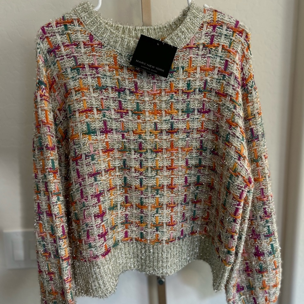 Andrew Marc New York Colorful Rainbow Metallic Tweed Sweater NWT - Picture 3 of 9
